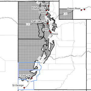 Dots denote areas subject to a High Wind Warning from 10 a.m. to 10 p.m. Tuesday, April 14, 2015| Image courtesy of National Weather Service, St. George News | Click on image to enlarge