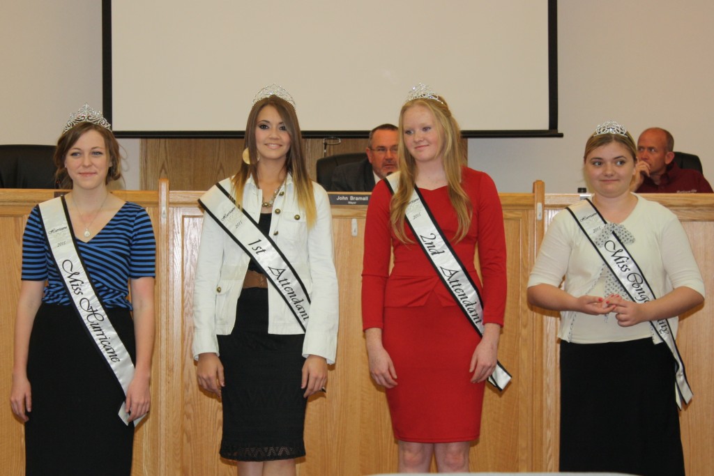 The new Hurricane City Royalty pose at the City Council Meeting; L-R: Miss Hurricane, Cameryn Sorge, 1st attendant Sabrina Holmes, 2nd attendant Mataya Rosander, and Miss Congeniality, Jennifer Humphries, April 2, 2015| Reuben Wadsworth, St. George News