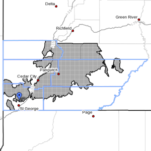 Dots denote areas subject to a High Wind Warning from 6 a.m. Tuesday to 11 a.m., Thursday, Apirl 14-15, 2015 | Image courtesy of National Weather Service, St. George News | Click on image to enlarge 