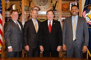 Gov. Gary Herbert, Salt Lake City Mayor Ralph Becker, Sacramento Mayor Kevin Johnson and Sen. Curtis Bramble pose for a picture after issuing a joint statement, Salt Lake City, Utah, April 9, 2015 | Photo courtesy of Aimee Edwards, St. George News