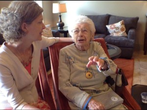 Merri Ellen Wright, left, and Lillian Grant at Grant's 100th birthday party, Westside Baptist Church, St. George, Utah, April 5, 2015 | Photo by Ric Wayman, St. George News