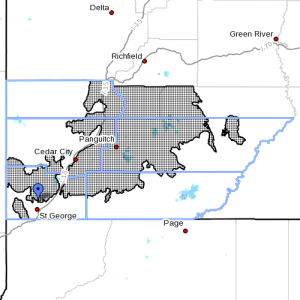 Dots denote areas subject to Winter Weather at 7:45 p.m., Southern Utah, April 12, 2015| Image courtesy of National Weather Service, St. George News | Click on image to enlarge