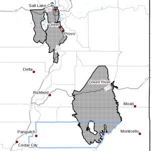 Dots denote affected area at radar time 8:10 p.m., Washington County, Utah, April 1, 2015 | Image courtesy of the National Weather Service