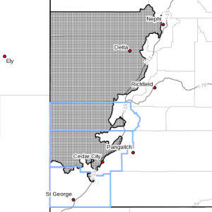 Wind advisory. Dots denote areas subject to Wind Advisory at 5:55 p.m., Southern Utah, April 4, 2015| Image courtesy of National Weather Service, St. George News