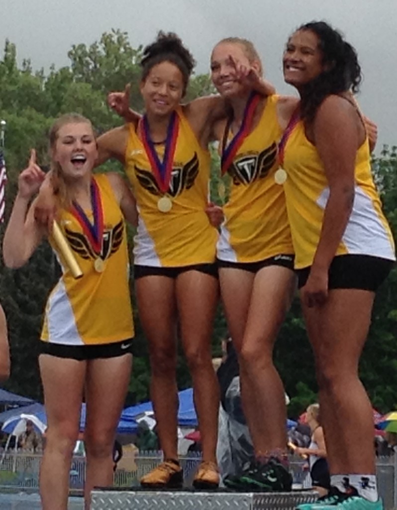 The gold-medal winning Desert Hills 4x100 relay team with (from l to r) Hannah Morby, Abby Taylor, Brooklyn Lott and Jessica Bills, at the state track meet, Provo, Utah, May 15, 2015 | Photo by AJ Griffin, St. George News