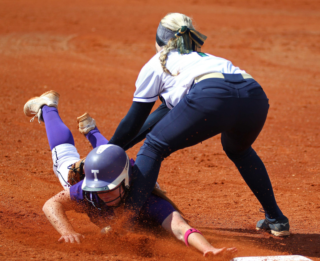 Warrior third baseman Shelbee Hutchings tags out a Tooele runner, Snow Canyon vs. Tooele, Softball, St. George, Utah, May 15, 2015 | Photo by Robert Hoppie, ASPpix.com, St. George News