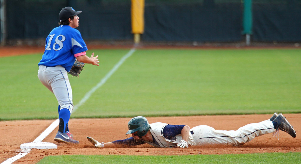 Jake Frei slides in to third base and then scores on a bad throw, Snow Canyon vs. Carbon, Baseball, St. George, Utah, May 15, 2015 | Photo by Robert Hoppie, ASPpix.com, St. George News