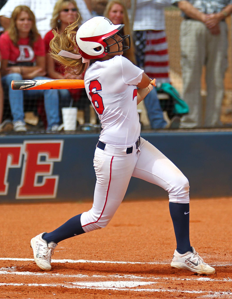 Nikki Chavez (6) watches the flight of her two-run home run in the third inning, Dixie State University vs. Sonoma State University, Softball, St. George, Utah, May 15, 2015 | Photo by Robert Hoppie, ASPpix.com, St. George News