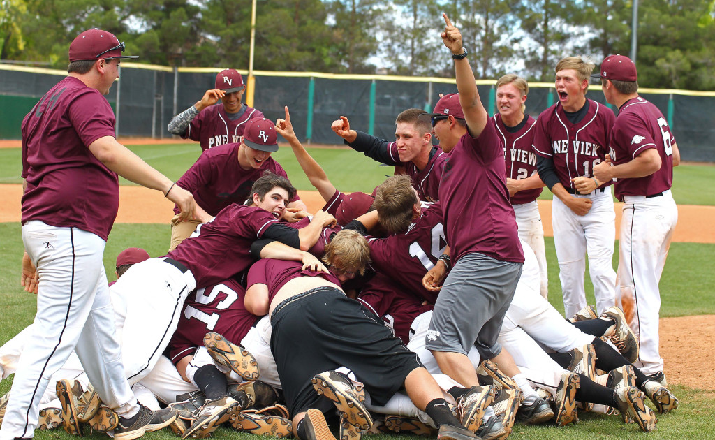 The Panthers celebrate their State Championship win over Cedar, Pine View vs. Cedar, 3A State Baseball Championship Game, St. George, Utah, May 16, 2015 | Photo by Robert Hoppie, ASPpix.com, St. George News