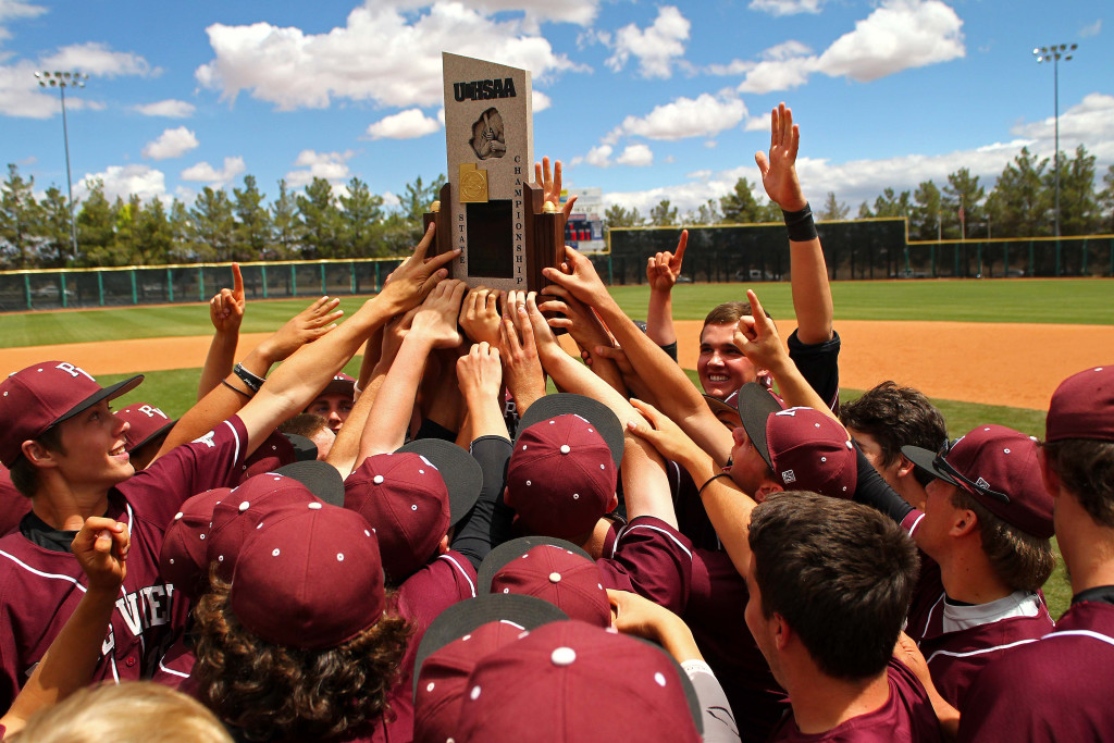 The Panthers celebrate their State Championship win over Cedar, Pine View vs. Cedar, 3A State Baseball Championship Game, St. George, Utah, May 16, 2015 | Photo by Robert Hoppie, ASPpix.com, St. George News