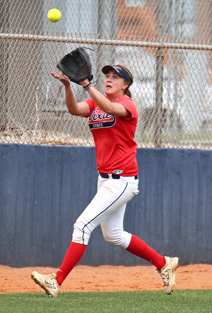 Courtney Sherwin runs down a fly ball for Dixie State, Dixie State University vs. Sonoma State University, Softball, St. George, Utah, May 16, 2015 | Photo by Robert Hoppie, ASPpix.com, St. George News