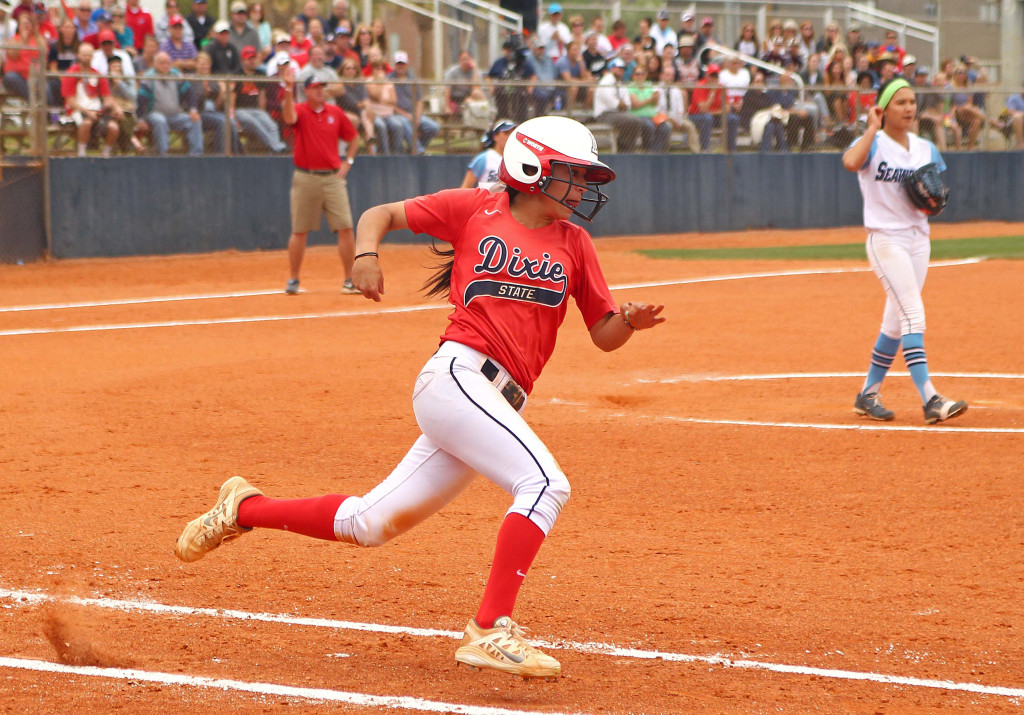 Janessa Bassett motors around first base, Dixie State University vs. Sonoma State University, Softball, St. George, Utah, May 16, 2015 | Photo by Robert Hoppie, ASPpix.com, St. George News