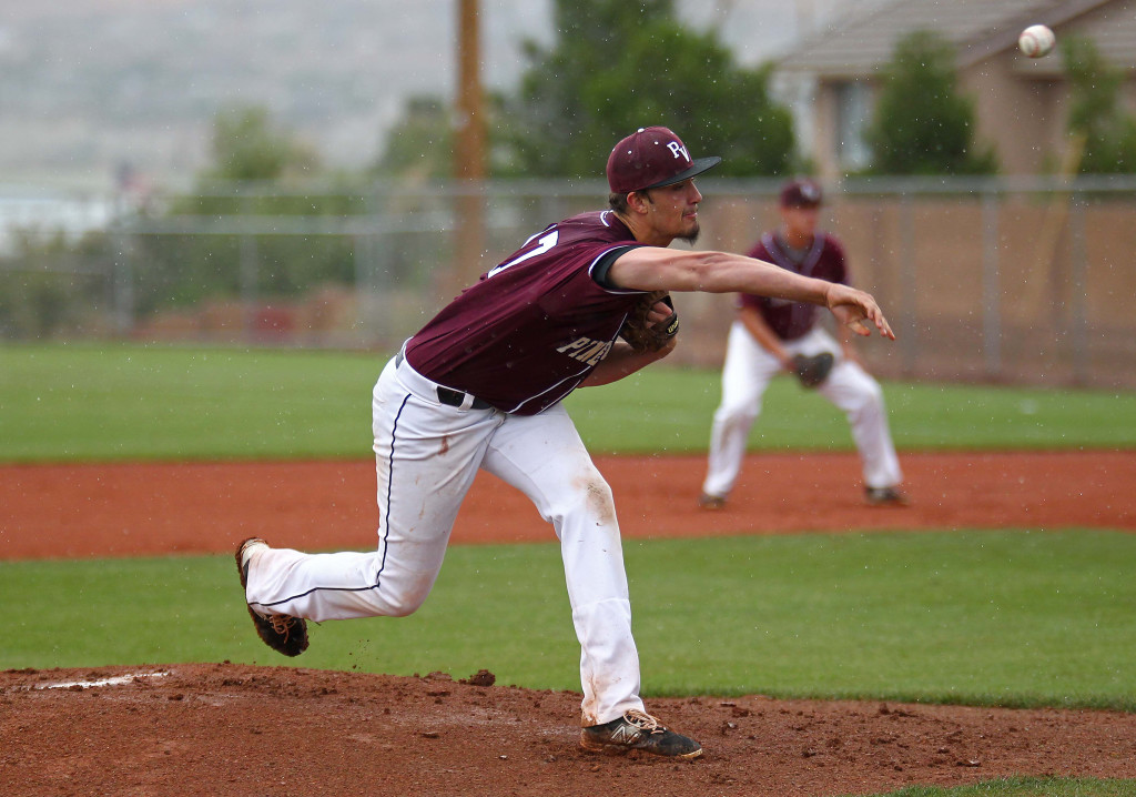 Pine View pitcher Dakota Donovan throws a first inning pitch in the rain, Pine View vs. Juab, Baseball, St. George, Utah, May 9, 2015 | Photo by Robert Hoppie, ASPpix.com, St. George News