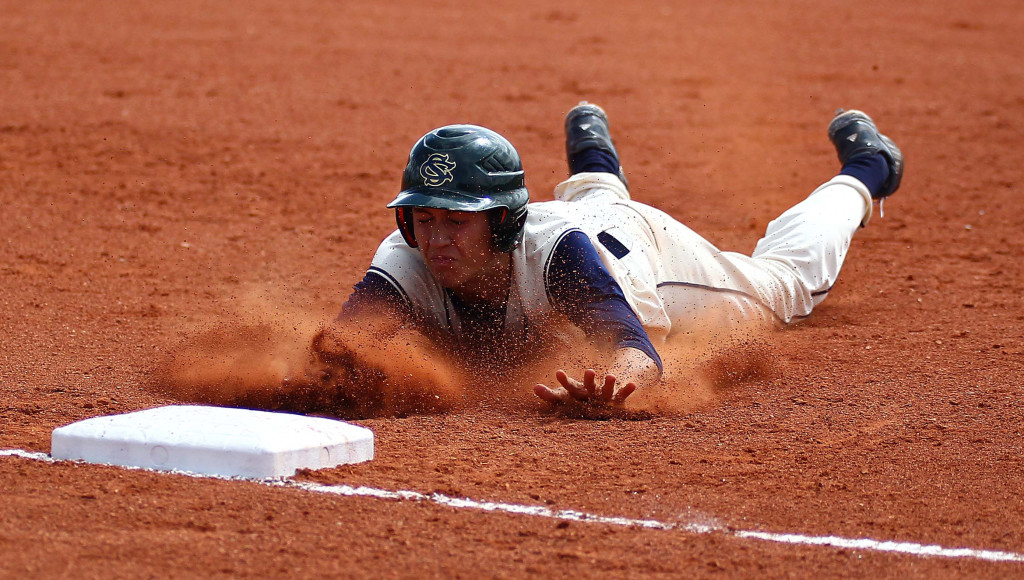 A Snow Canyon pinch runner dives safely in to third base, Snow Canyon vs. Payson, Baseball, St. George, Utah, May 14, 2015 | Photo by Robert Hoppie, ASPpix.com, St. George News