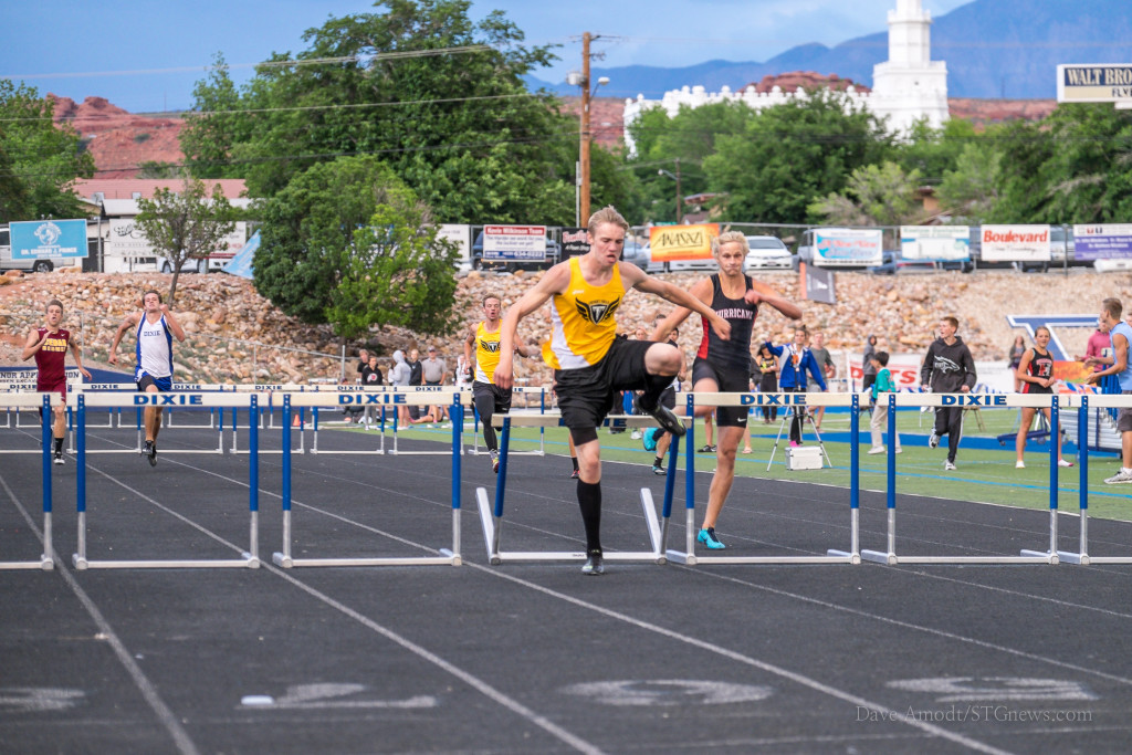 Caleb Whitney wins the 300-meter hurdles, Region 9 track and field championships at Dixie High, St. George, Utah,  May 7, 2015 | Photo by Dave Amodt, St. George News