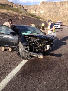 Damage to a vehicle after a collision on I-15, just south of the Utah-Arizona border, Virgin River Gorge, May 26, 2015 | Photo courtesy of Debbie Gates, Beaver Dam-Littlefield Fire District