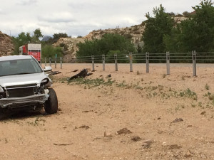 The scene of an accident where a man ran into barriers on I-15 following a coughing attack that made him black out, Leeds, Utah, May 21, 2015 | Photo by Nataly Burdick, St. George News