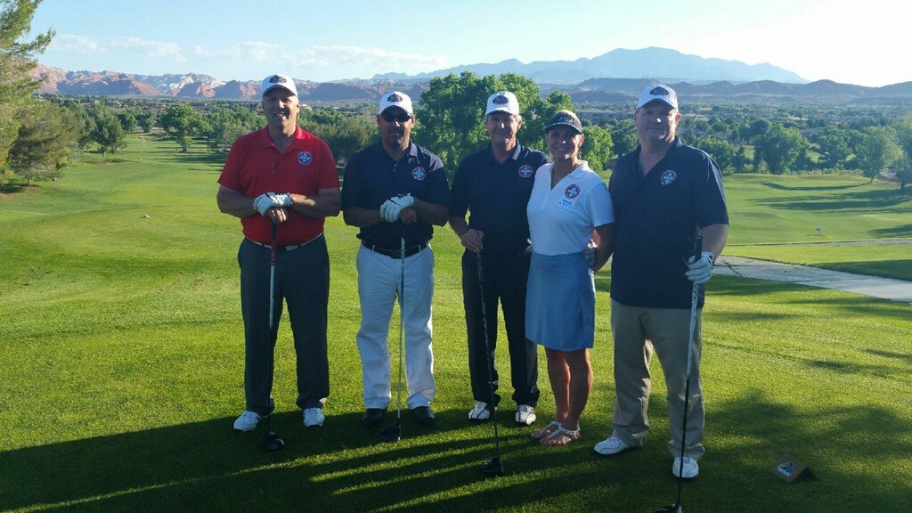 Rounds Fore Warriors golfers get set to tee off Thursday morning at Sunbrook Golf Course (l to r) Allen Wakefield, Joe Weidenhammer, Bob Nicollm ASEA's Tricia Olson and John Weiss, Rounds Fore Warriors charity event, St. George, Utah, May 28, 2015 | Photo by Katie Warner 