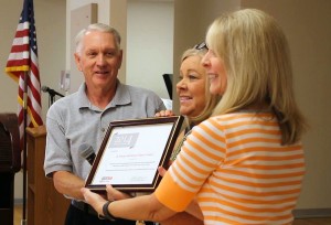 L-R Dave Chapman, instructor, Jeanie Johnson, Senior Center Supervisor, and Linda Martin, office manager accept the AARP "Top State Host" award, St. George, Utah, June 19, 2015 | Photo by Ric Wayman, St. George News