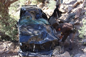 Vehicle at the bottom of ravine near Toquerville Falls; crash involved one fatality and one survivor, Toquerville area, Utah, June 8, 2015 | Photo by Sheldon Demke, St. George News