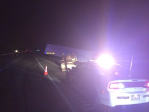 A semitractor-trailer went off the road on I-15, near milepost 41, when the driver attempted to avoid hitting a deer.  The driver survived without any reported injuries; the deer was struck and killed. New Harmony, Utah, June 29, 2015 | Photo by Jessica Tempfer, St. George News