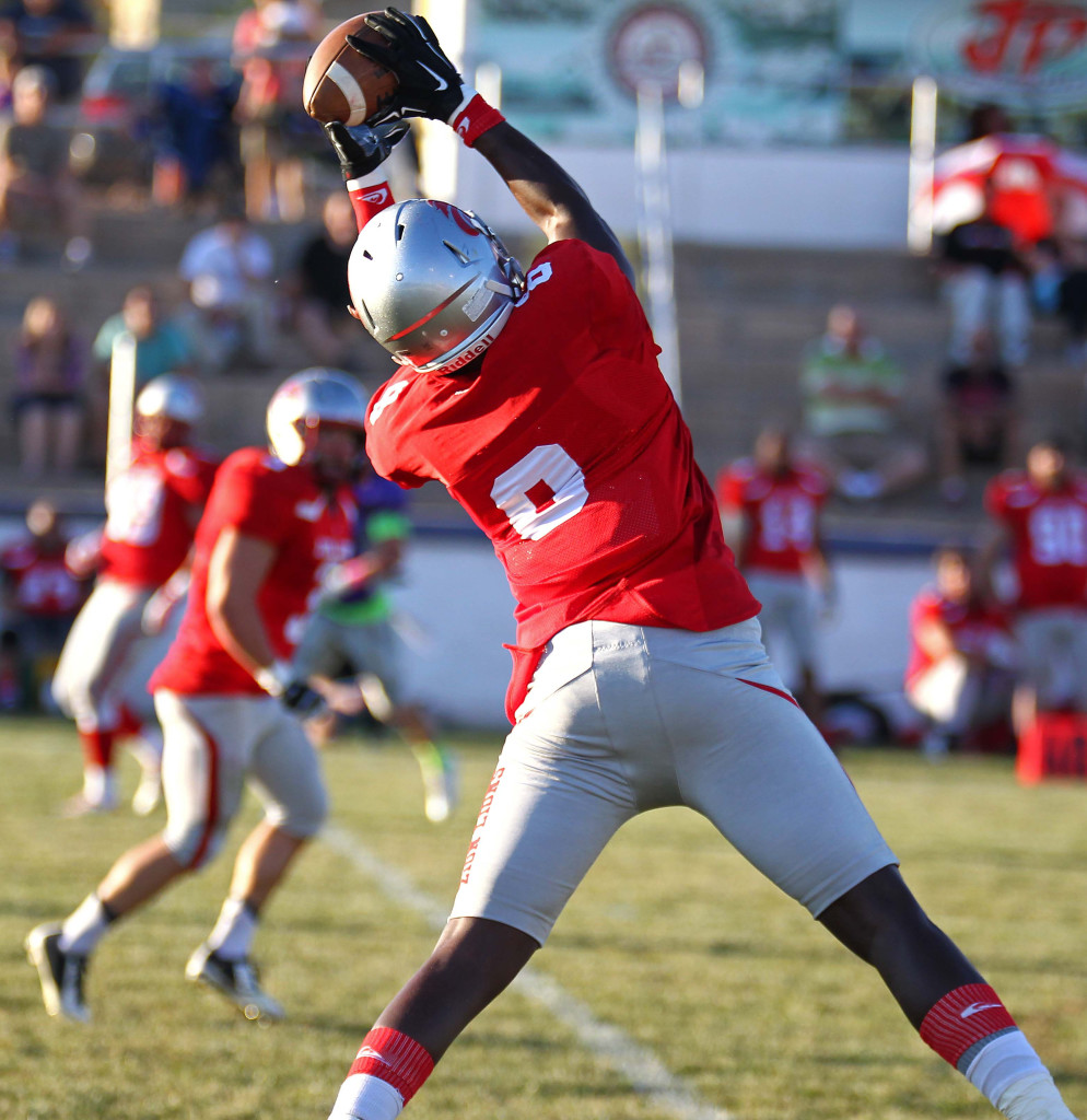 Chad Ford (8) makes a leaping catch and heads for the end zone to score a touchdown for the Lions, Zion Lions vs. Brigham Sting, Foorball, St. George, Utah, June 13, 2015, | Photo by Robert Hoppie, ASPpix.com, St. George News