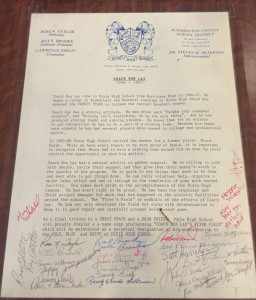 Letter naming Dixie baseball field after Coach Don Lay, signed by then school district superintendent Steven Peterson and others, photo undated | Image courtesy Merry Johnson via Ilene Hacker, St. George News | Click on image to enlarge