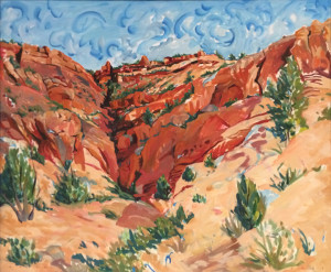 Painting, “Squaw Canyon” by Rebecca Gaver on display at the Sears Art Museum Gallery in the Eccles Grand Foyer as part of the exhibit “One X One” | Image courtesy of Dixie State University, St. George News 