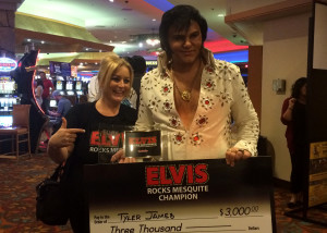 First Place winner Tyler James poses for the cameras with wife Elissa James after the 2015 Elvis Rocks Mesquite competition, Casablanca, Mesquite, Nevada, June 20, 2015 | Photo by Carin Miller, St. George News