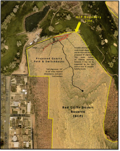 Map of a possible alignment of the proposed Quarry Trail in the Red Cliffs Desert Reserve, south of and adjacent to the Red Hills Golf Course | Image courtesy of HCP Advisory Committee, St. George News