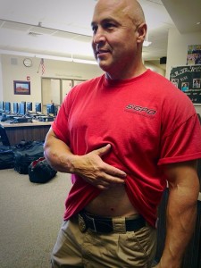 St. George News Reporter Kimberly Scott left a hefty welt on Officer Tim Linton’s torso during simulation training at the St. George Police Department active shooter training, St. George, Utah, June 17, 2015 | Photo by Kimberly Scott, St. George News