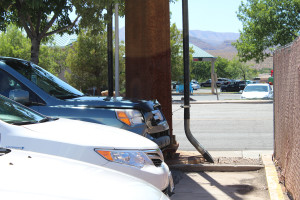 Damage to a vehicle following a three-vehicle collision on Dixie Downs Road, St. George, Utah, June 16, 2015 | Photo by Nataly Burdick, St. George News