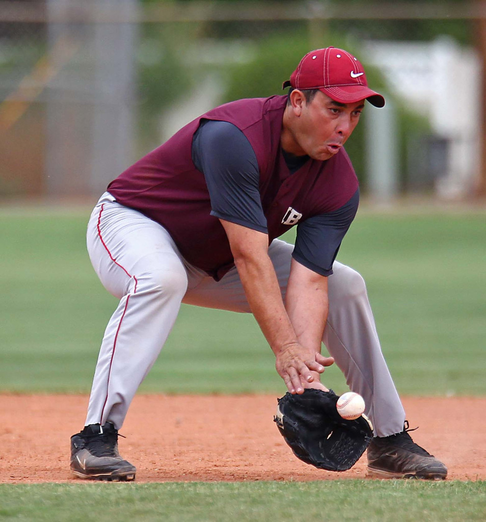 A.J. Martinez fields a ground ball, Utah Adult Amateur Baseball League all-star game at Elks Field, St. George, Utah, July 6, 2015, | Photo by Robert Hoppie, ASPpix.com, St. George News