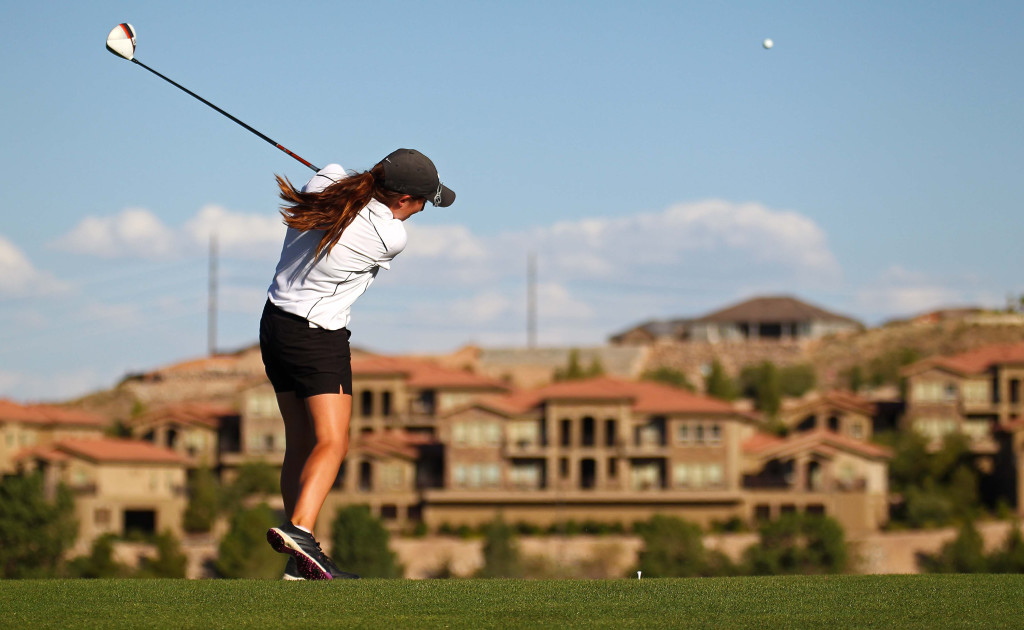 Kyla Smith tees off, City of St. George JAG summer golf tournament, St. George, Utah, July 16, 2015, | Photo by Robert Hoppie, ASPpix.com, St. George News