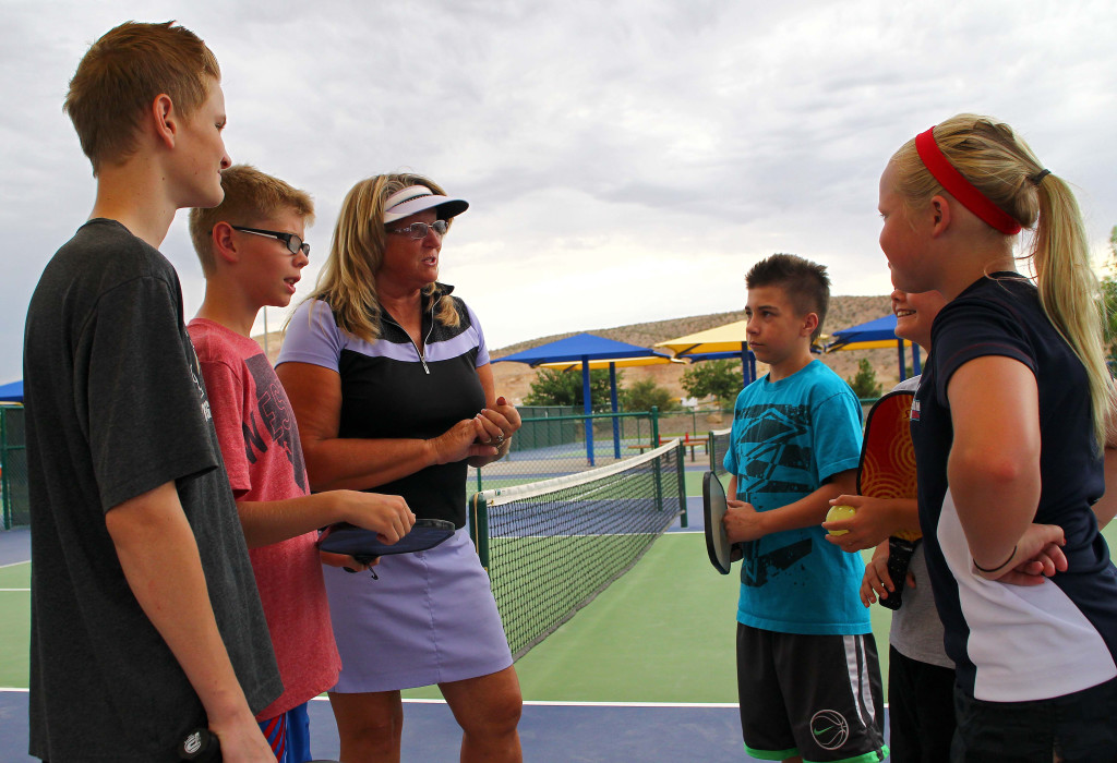 Trish Loghry gives the players some last minute instructions before their matches, City of St. George youth pickleball,  St. George, Utah, July 30, 2015, | Photo by Robert Hoppie, ASPpix.com, St. George News