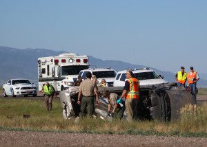 One man is dead and one woman was transported to the hospital via Life Flight after a rollover on northbound Interstate 15 near milepost 88, Iron County, Utah, July 28, 2015 | Photo by Carin Miller, St. George News