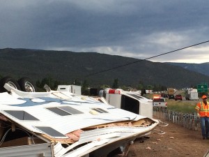 Northbound I-15 at milepost 58 in Cedar City was stalled by the rollover of a pickup truck and trailer. No injuries were reported, Cedar City, Utah, July 2, 2015 | Photo by Carin Miller, Cedar City News