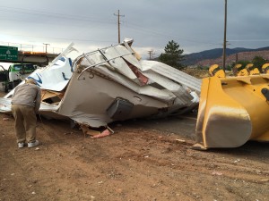 Northbound I-15 at milepost 58 in Cedar City was stalled by the rollover of a pickup truck and trailer. No injuries were reported, Cedar City, Utah, July 2, 2015 | Photo by Carin Miller, Cedar City News