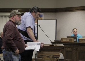 Robin Haight and Wade Grimm adress information availablility at Cedar City Council, Council Chambers, Cedar Cty, Utah, July 8, 2015 | Photo taken by Carin Miller, St. George News