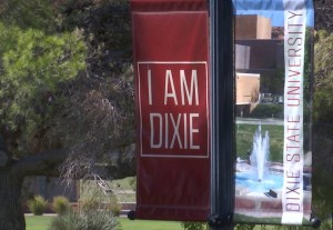 A “I am Dixie” banner at DSU. Danelle Larsen-Rife, a professor at the university, says the school needs a new name that isn't associated with the Confederacy, and by association, racism and hate, Dixie State University, St. George, Utah, July 16, 2015 | Photo by Devan Chavaz, St. George News