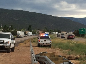 Northbound I-15 at milepost 58 in Cedar City was stalled by the rollover of a pickup truck and trailer. No injuries were reported, Cedar City, Utah, July 2, 2015 | Photo by Carin Miller, Cedar City News