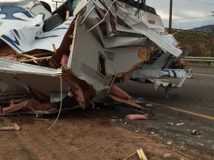 Northbound I-15 at milepost 58 in Cedar City was stalled by the rollover of a pickup truck and trailer. No injuries were reported, Cedar City, Utah, July 2, 2015 | Photo by Carin Miller, Cedar City News