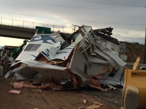 Northbound I-15 at milepost 58 in Cedar City was stalled by the rollover of a pickup truck and trailer. No injuries were reported, Cedar City, Utah, July 2, 2015 | Photo by Carin Miller, Cedar City News