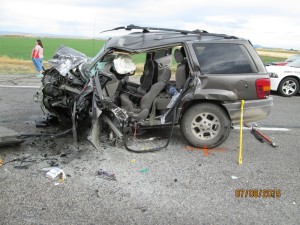 A 2000 Jeep Grand Cherokee collided head-on into a 2013 Honda Civic on southbound I-15 near Filmore, Utah, leaving two people dead and two others in critical condition, Millard County, Utah, July 8, 2015 | Photo courtesy of the Utah Highway Patrol, St. George News