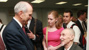 Elder Russell M. Nelson greets a church member in Moscow, Russia, circa 2011 | Photo courtesy of The Church of Jesus Christ of Latter-day Saints, St. George News