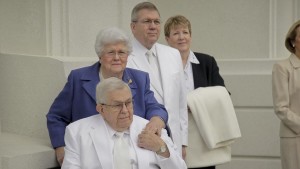 President Boyd K. Packer, his wife Donna and their son Elder Allan F. Packer, of the Quorum of the Seventy, and his wife, Terri, participate in the cornerstone and dedication of the Brigham City Utah Temple, Brigham City, Utah, date not specified | Photo courtesy of The Church of Jesus Christ of Latter-day Saints, St. George News