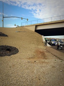 A woman and a baby were transported to the hospital after their vehicle went off a freeway overpass, down an embankment and landed in the middle of northbound Interstate 15 near Bluff Street Exit 6, St. George, Utah, July 2, 2015 | Photo by Kimberly Scott, St. George News