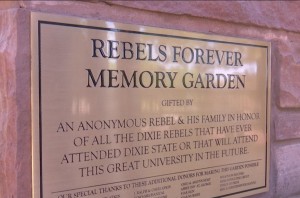 A plaque at the Rebels Forever Memory Garden that sits on the DSU campus. Danelle Larsen-Rife, a professor at the university, says it is related to Confederate imagery that shouldn't be on campus, Dixie State University, St. George, Utah, July 16, 2015 | Photo by Devan Chavaz, St. George News