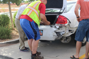 Damage to a vehicle after three collisions within one half mile happened on Interstate 15, Washington, Utah, July 9, 2015 | Photo by Nataly Burdick