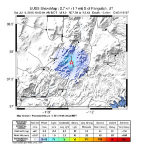 Areas that would have felt the earthquake centered in Panguitch, Panguitch, Utah, July 4, 2015 | Map courtesy of USGS, St. George News